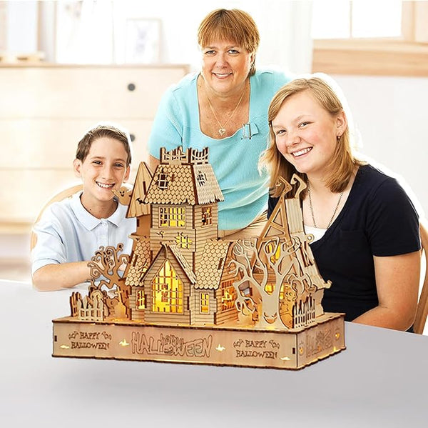 3D Wooden Halloween Haunted House Puzzles, Gift for Adults & Kids, Halloween Decor Model Kits