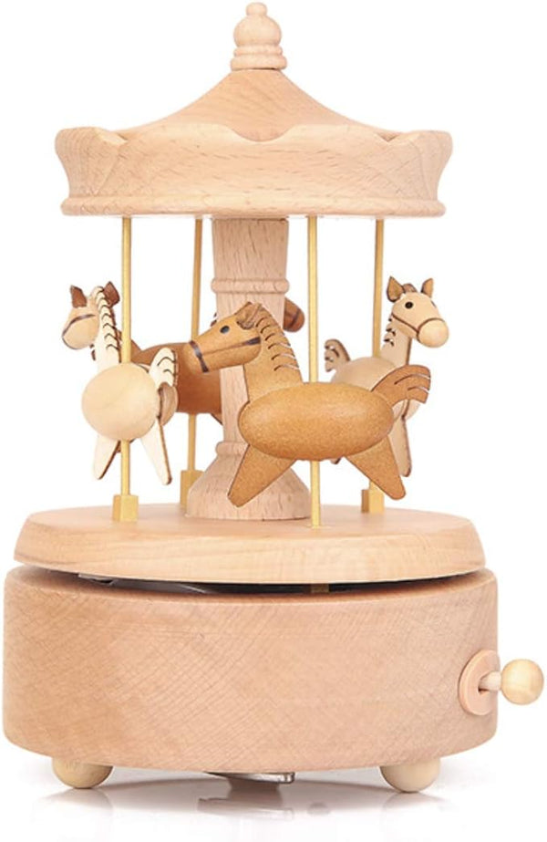 ECO Wooden Horse Carousel Music Box Good Gift for Girl Women, Christmas Gift No Battery Home Wood Decor